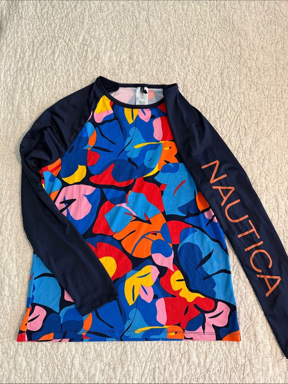 Nautica Woman’s Navy Sleeve Multicolor Floral Rash Guard, Sz L